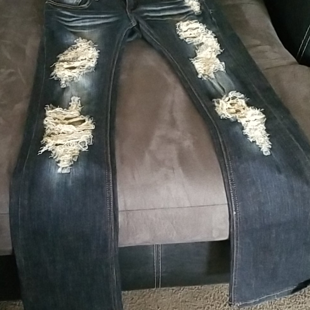 Machine dark blue flared distressed jeans - Picture 3 of 8